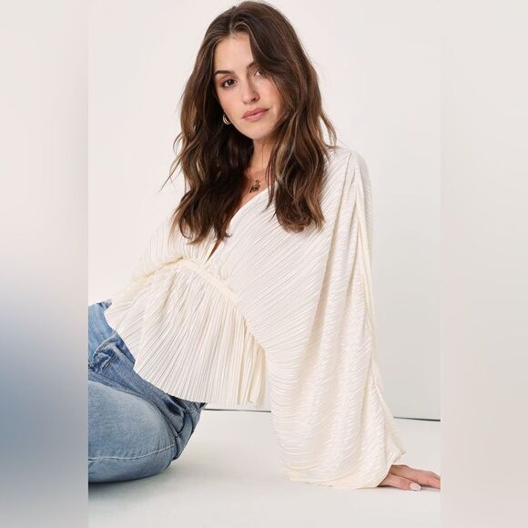 LULUS Radiant Flirt Ivory Satin Plisse Long Sleeve Top - Picture 4 of 12